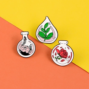 Creative enamel pins set featuring floral magic bottles with peony and rose designs