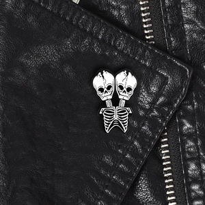 Gothic Punk Double Head Skeleton Enamel Pin Alloy Black White Skull Brooch Badge For Clothing Bag Halloween Jewelry