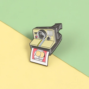 Creative retro instant camera enamel pin with rainbow stripe and cartoon photo