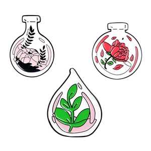 Creative enamel pin set featuring floral magic bottles and botanical glass jars designs