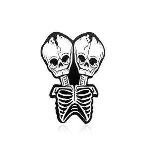 Gothic punk style conjoined double head skull enamel brooch pin in black and white finish