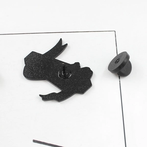 Punk style coffin pin badge back view with black matte finish and rubber clutch