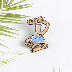 Creative enamel flask pin with blue liquid and Rise Above Science ribbon on white