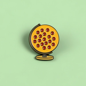 Creative globe pizza enamel badge with yellow enamel and black metal base on green back
