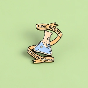 Enamel brooch pin featuring a science flask and orange ribbon with Rise Above text