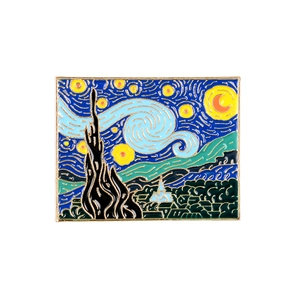 Broche émaillée artistique Van Gogh Nuit étoilée avec bordure dorée sur fond blanc pur