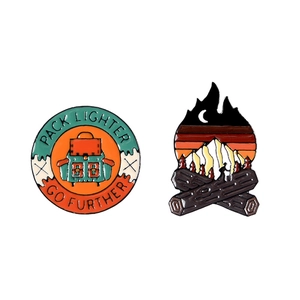 Outdoor adventure enamel pins set with backpack and campfire moon mountain badges