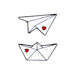 Minimalist paper boat and plane enamel pin set with silver glitter and red hearts