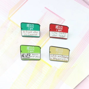 Funny Hello My Name Is enamel pins set in green red and yellow for creative accessories