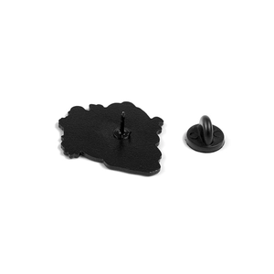 Black matte cat skull pin back view with rubber clutch fastener and needle detail