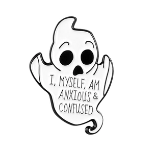 Cartoon Ghost Enamel Pin I Myself Am Anxious And Confused Slogan Alloy Brooch For Halloween Backpack Jacket Decoration Unisex Jewelry Gift