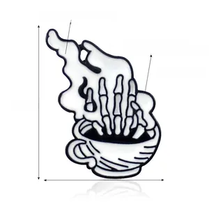 Detail view of punk skull hand in coffee cup enamel pin with size 3.2cm x 2.6cm specs