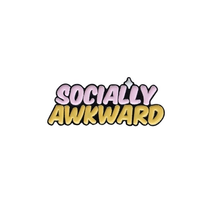 Colorful Socially Awkward enamel pin with pink and yellow 3D bubble letters and star