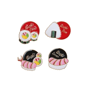 Creative 4-piece set of sushi enamel pins including salmon and rice ball badge designs