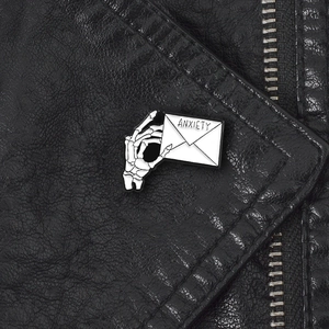 Punk Skeleton Hand Holding Anxiety Letter Enamel Pin Gothic Alloy Brooch Badge For Clothing Backpack Jacket Accessories