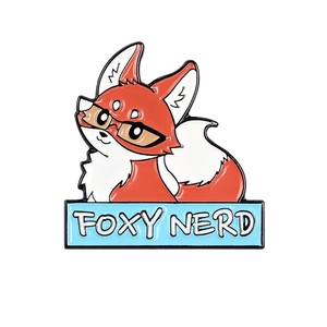 Cartoon foxy nerd enamel pin with eyeglasses and lettering on a white background