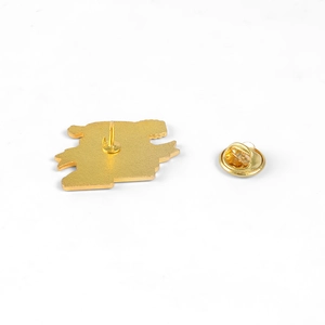 Golden enamel honey pot bee pin back view with secure metal butterfly clutch and sharp needle