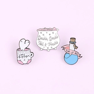 Cartoon enamel brooch set with coffee cup, witch pot, and tears of men potion bottle