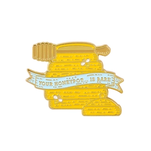 Creative honeypot and bee enamel brooch with Your Honeypot Is Bare ribbon design