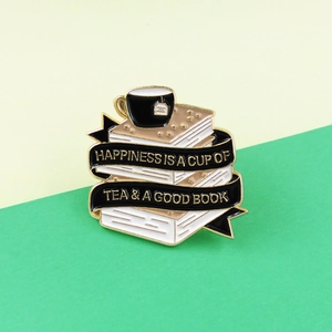 Creative Literary Enamel Pin Happiness Is A Cup Of Tea And A Good Book Brooch Alloy Book Pile Tea Cup Badge Gift Accessory
