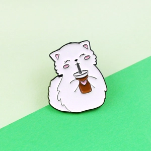 Cute Cartoon White Cat Drinking Heart Lemon Tea Enamel Pin Creative Alloy Brooch Kawaii Animal Badge For Clothing Bag