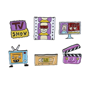 Retro creative TV and movie theme enamel pins set with camera film and video tape designs