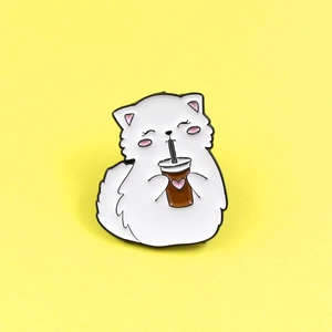 Cute cartoon white fat cat holding heart lemon tea enamel brooch pin creative badge