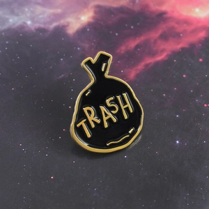 Creative black trash bag enamel brooch with gold Trash text on galaxy background
