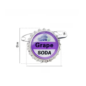 Detailed view of grape soda bottle cap pin made of eco-friendly alloy and soft enamel