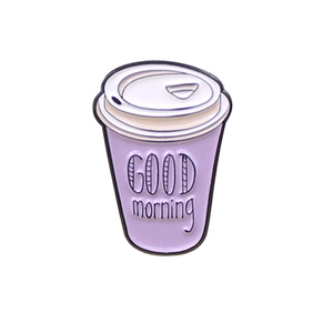 Purple coffee cup enamel brooch with Good Morning text and white lid for winter