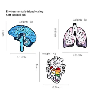 Enamel pins set of heart brain and lungs with dimensions and weights for women