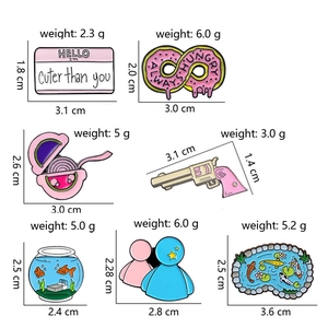Detailed size chart for colorful enamel pins featuring donuts and creative fish designs