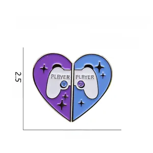Detail showing dimensions of heart-shaped game controller enamel pins for couples
