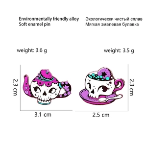 Detailed size chart for gothic skull teapot and coffee cup enamel pins with weights