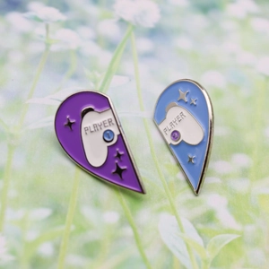 Cartoon puzzle heart enamel pins with game controller and Player 1 and 2 text