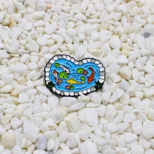 Creative koi fish pond enamel brooch with lotus and pink flowers on white stones