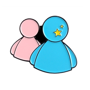 Detail of enamel pin featuring classic MSN style avatars with stars and polished black metal edges