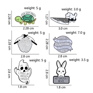 Detailed view of six enamel pins showing specific dimensions and weight for each unique design