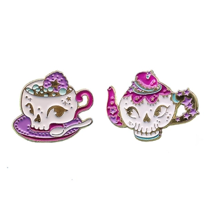 Creative skull coffee pot and cup enamel pins with purple stars and gold plating