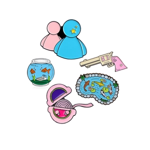 Five-piece cartoon enamel pin set including pink revolver, creative fish tank and pond brooch