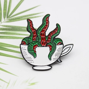Creative Alloy Enamel Brooch Pin Weird White Coffee Cup Red Green Octopus Tentacles Badges For Clothes Bags Decor