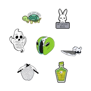 Set of 7 quirky cartoon enamel pins featuring cheeky cats, ghosts, and creative brain motifs