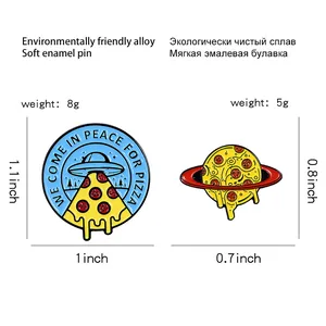 Size chart showing dimensions for spaceship and planet pizza soft enamel pins