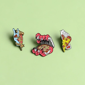 Three-piece Halloween pizza enamel pin set with skull hand and witch claw designs