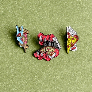 Creative Halloween pizza enamel brooch set featuring spooky hands and monster claws pins