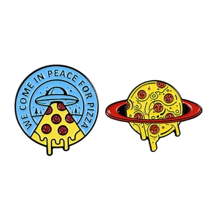 Set of creative spaceship and planet pizza enamel pins with 'We Come In Peace For Pizza' text