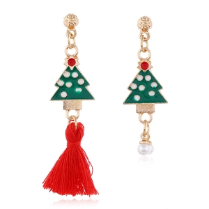 Pendientes de Navidad con árbol de esmalte verde y borla roja en aleación dorada