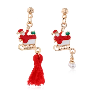 Pendientes de Navidad asimétricos con Papá Noel en trineo, borla de seda roja y perlas