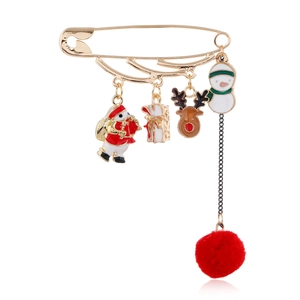 Broche de Noël avec pendentifs en émail Père Noël, renne, bonhomme de neige et pompon