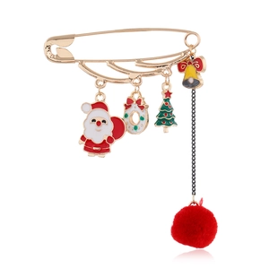 Broche épingle de Noël avec Père Noël, sapin, cloche et pompon en fourrure rouge
